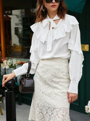 Tie Neck Flounce Trim Blouse