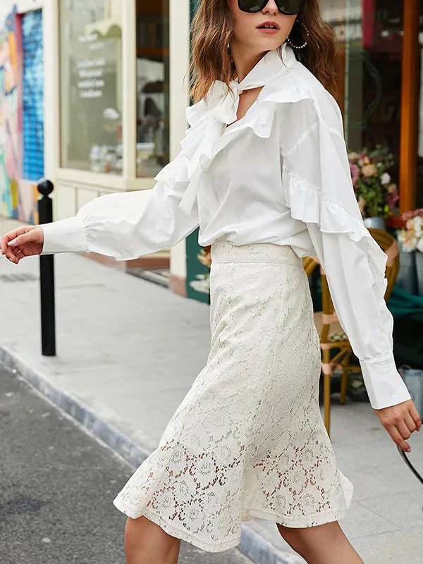 Tie Neck Flounce Trim Blouse