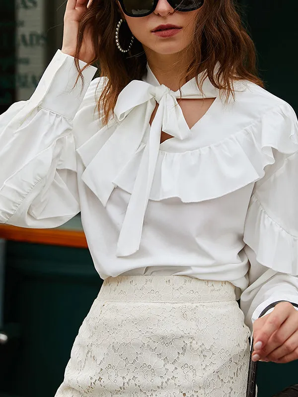Tie Neck Flounce Trim Blouse
