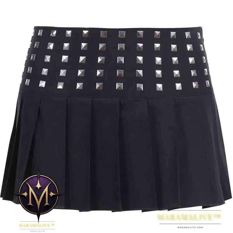 Trendy Studded High Stretch Black Pleated Skirt