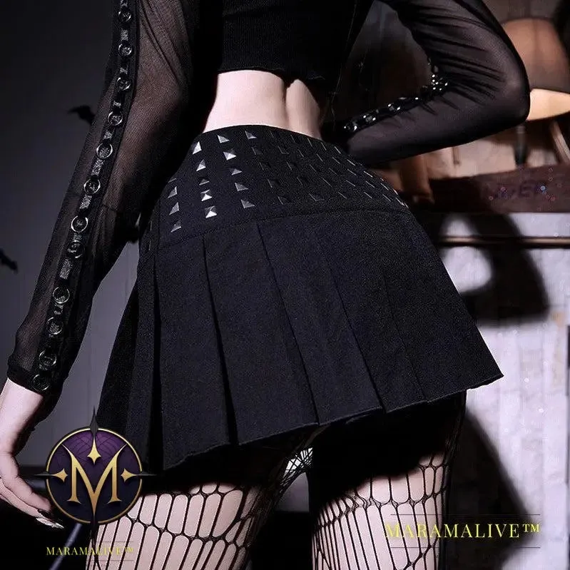 Trendy Studded High Stretch Black Pleated Skirt