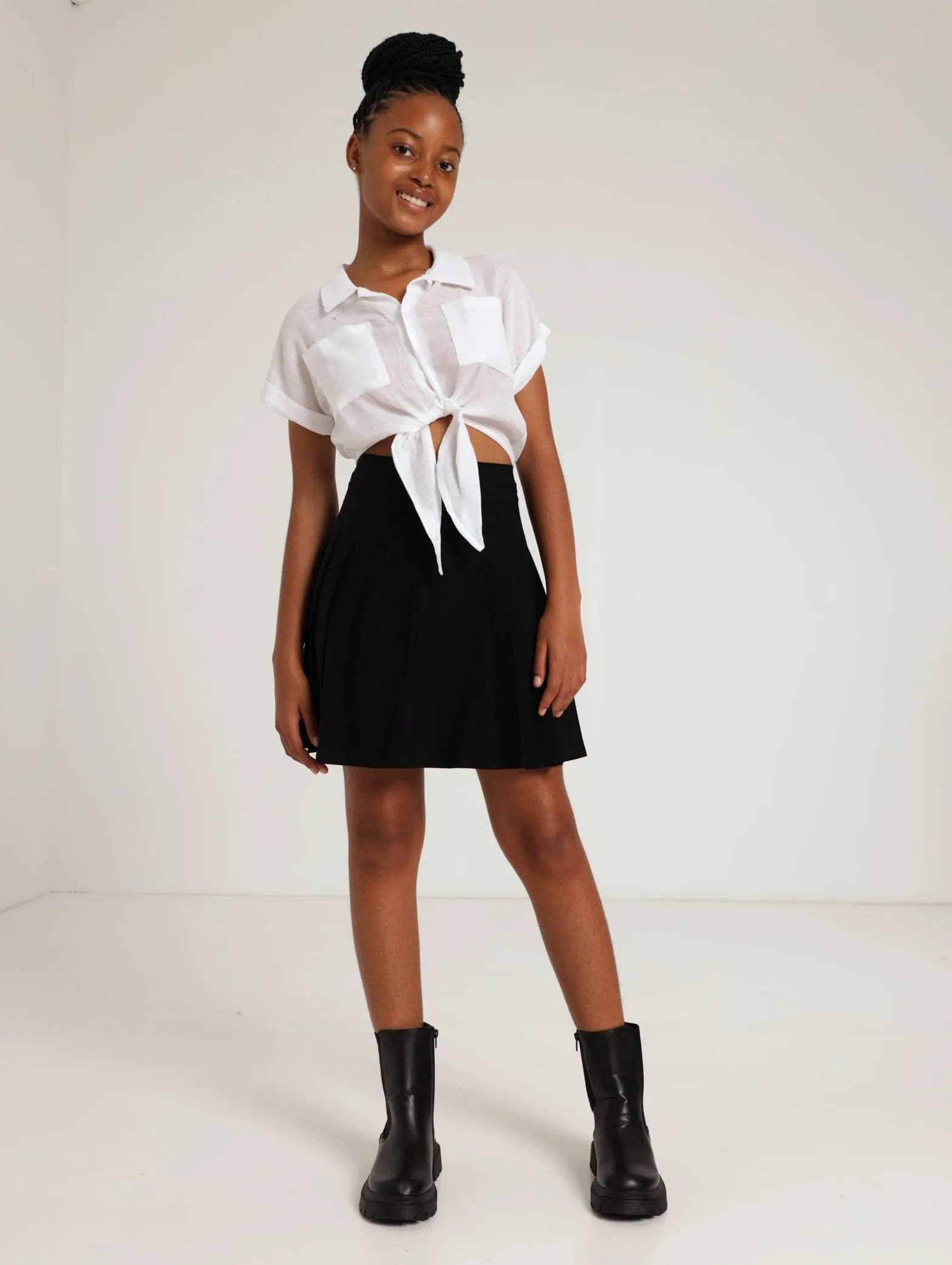 Twill Pleated Skirt - Black