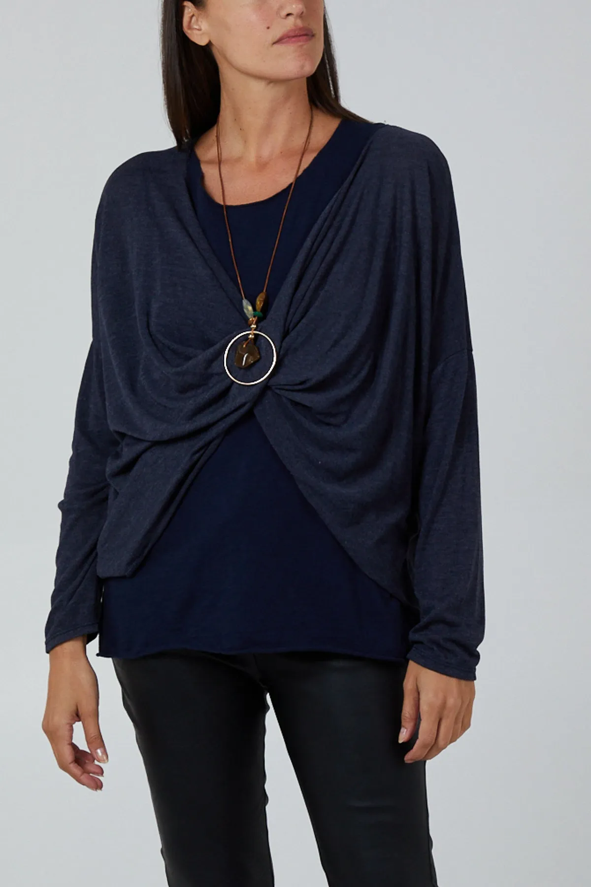 Twist Front 2 in 1 Necklace Long Sleeve Top
