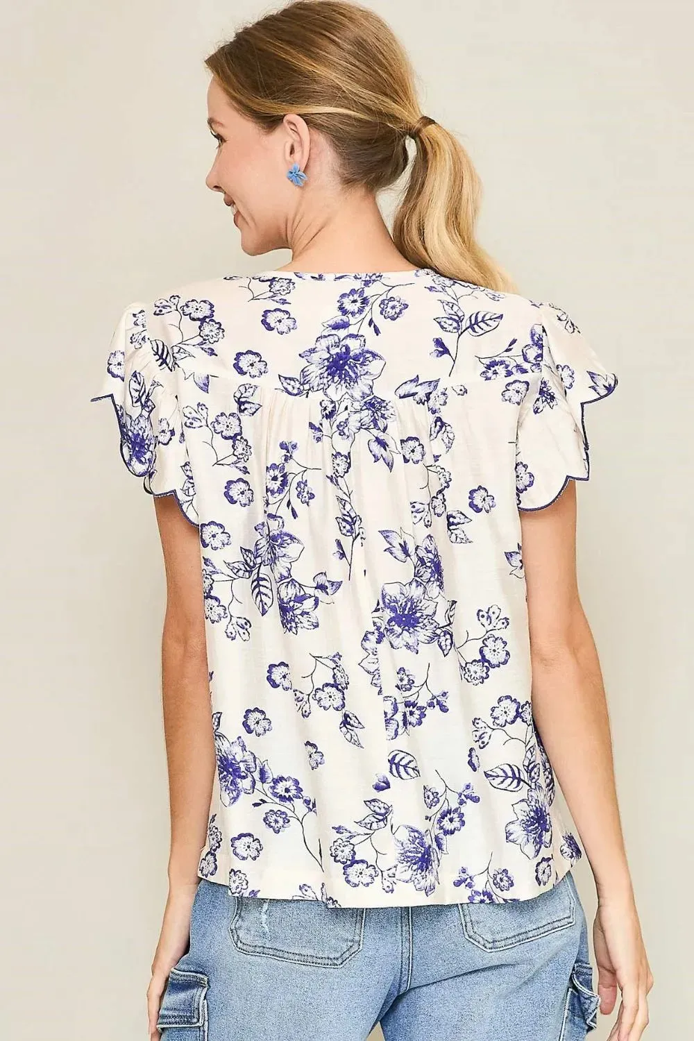 Umgee Floral Print Tassel Tie Neck Scalloped Sleeve Blouse