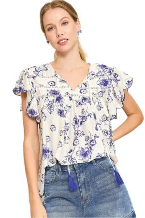 Umgee Floral Print Tassel Tie Neck Scalloped Sleeve Blouse
