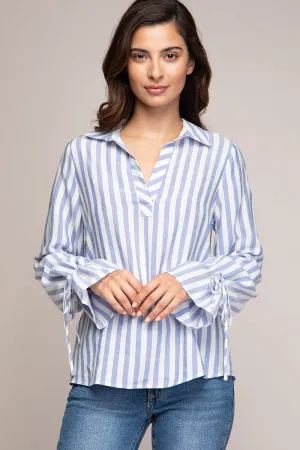 V-neck Collared Blouse With Tie Cuffs