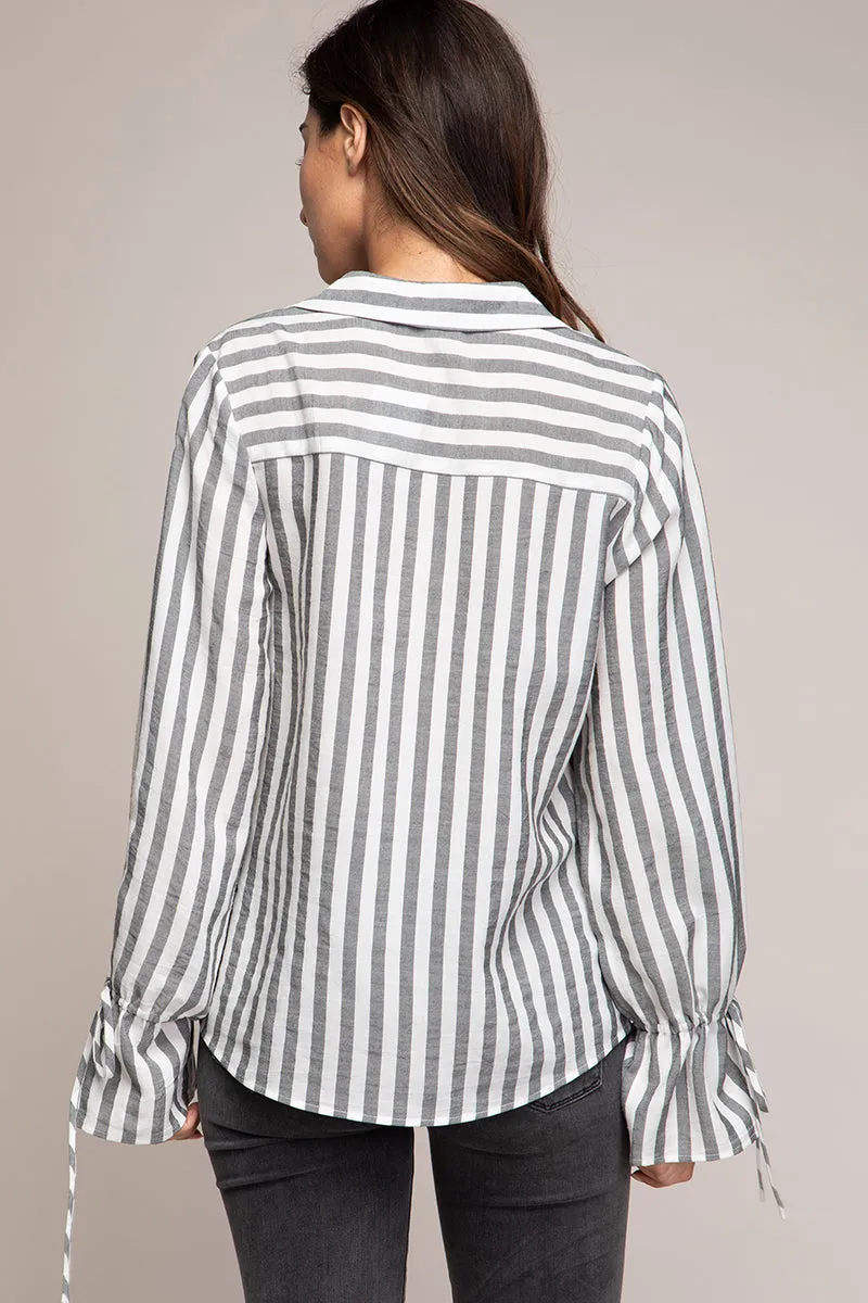 V-neck Collared Blouse With Tie Cuffs