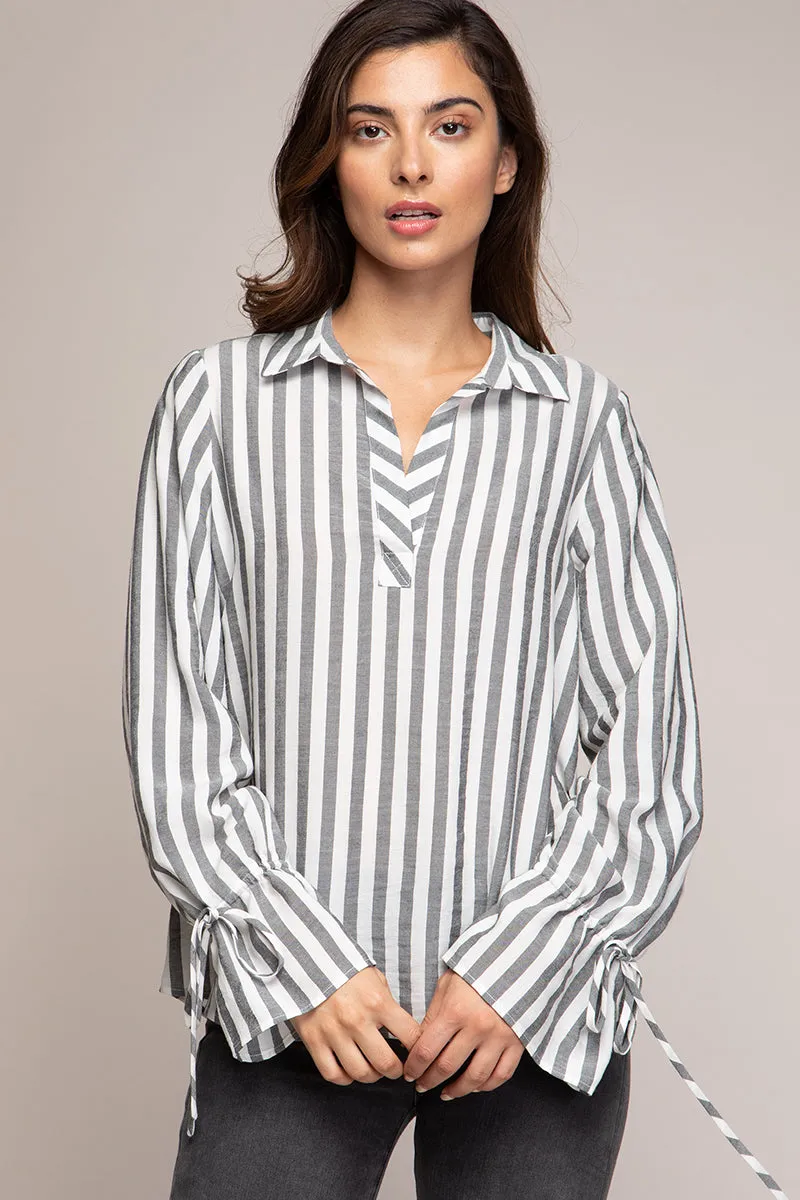 V-neck Collared Blouse With Tie Cuffs