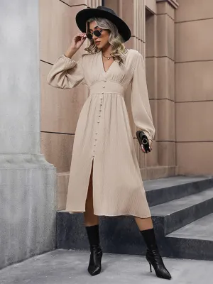 V-Neck Midi Dress with Button-Down Front and Long Sleeves
