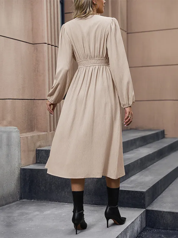 V-Neck Midi Dress with Button-Down Front and Long Sleeves