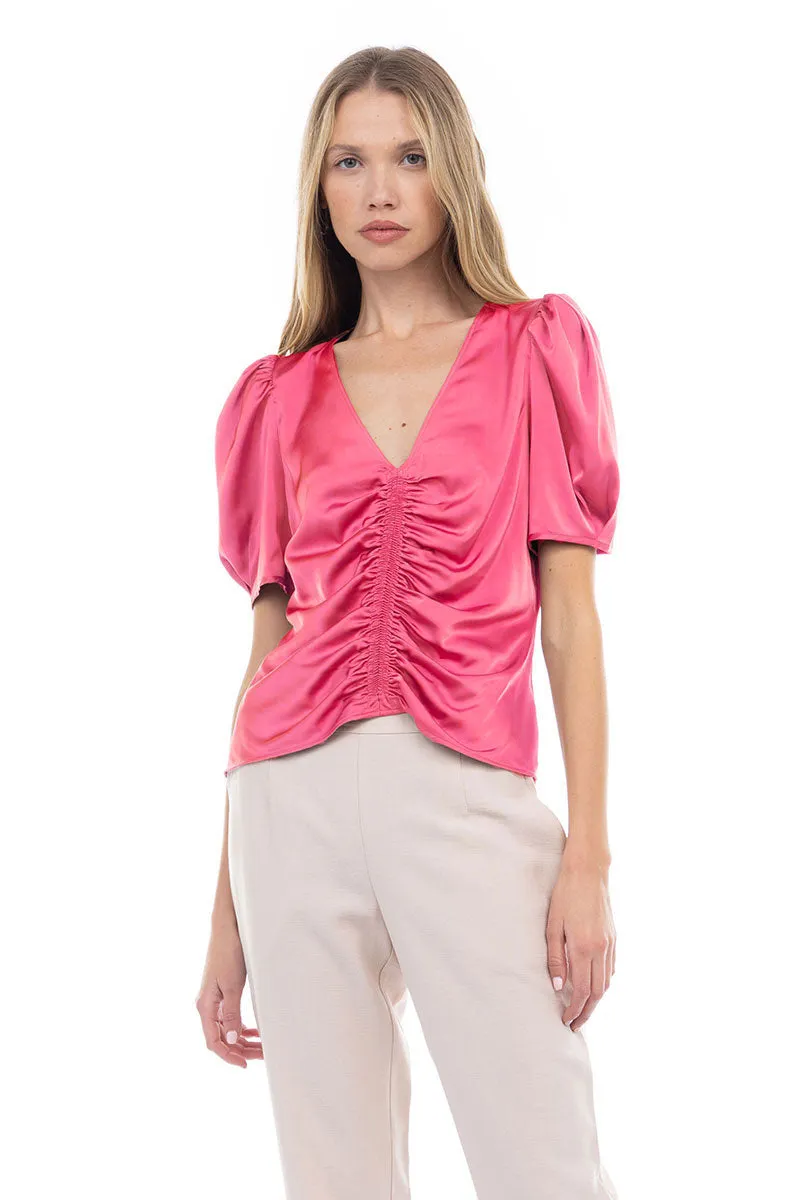 V Neck Puff Sleeve Blouse With Front Shirring Detail