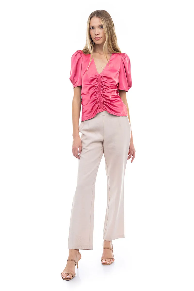 V Neck Puff Sleeve Blouse With Front Shirring Detail
