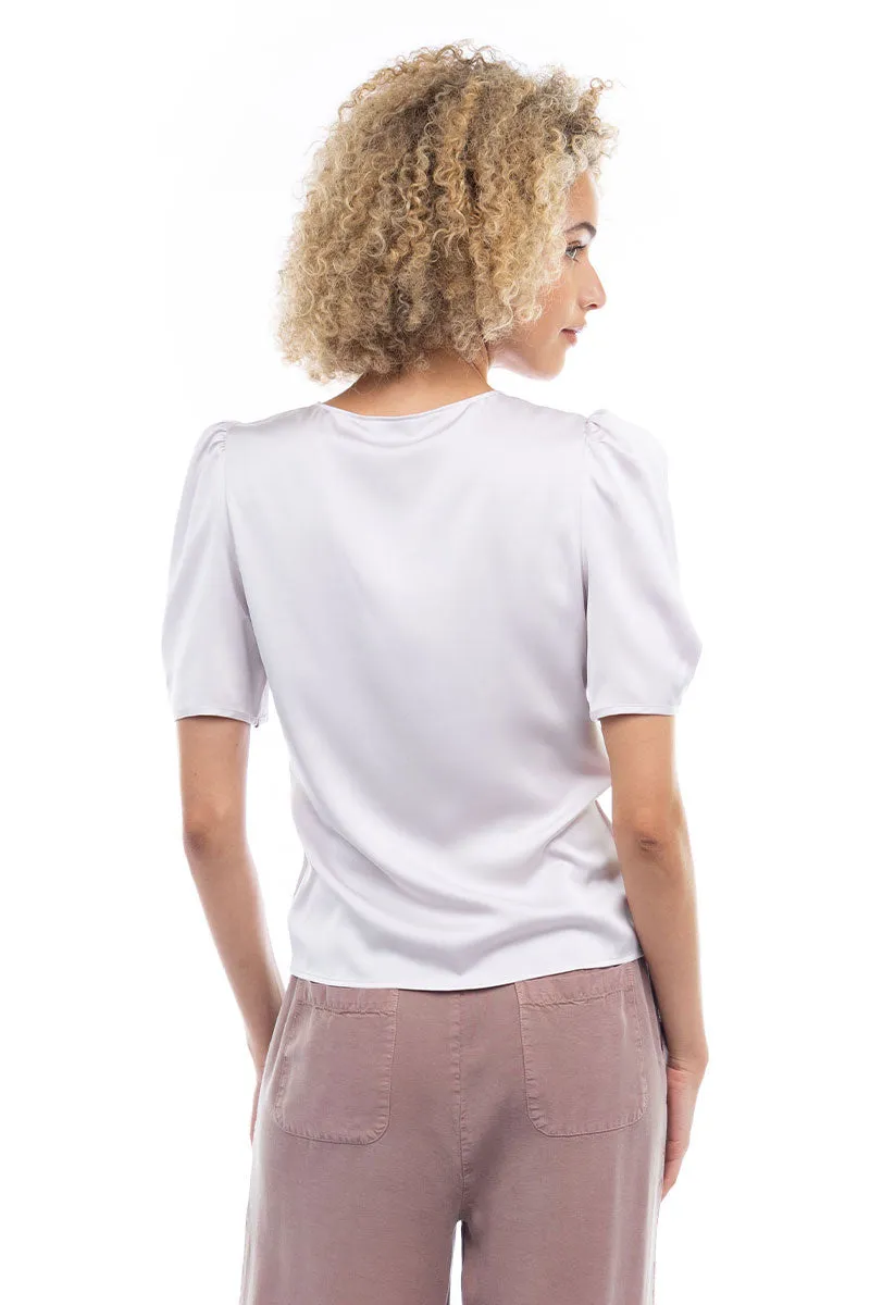 V Neck Puff Sleeve Blouse With Front Shirring Detail