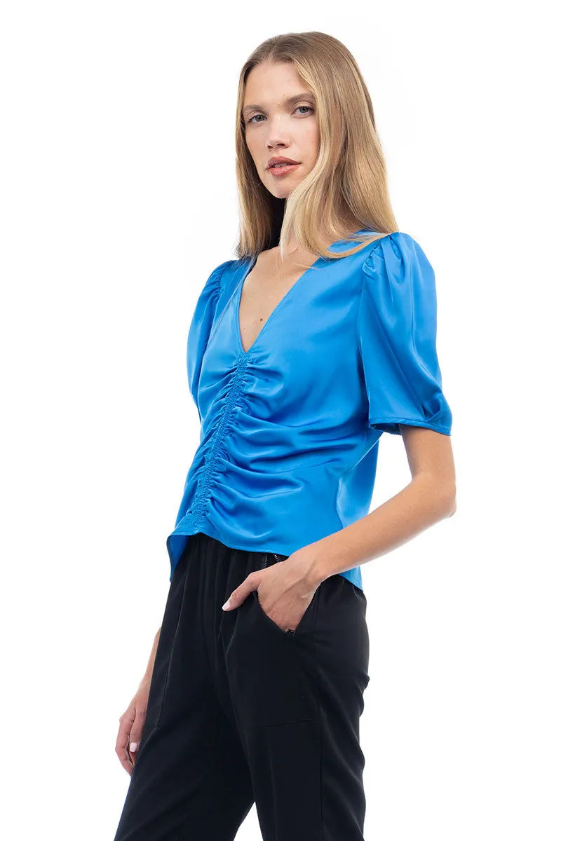 V Neck Puff Sleeve Blouse With Front Shirring Detail