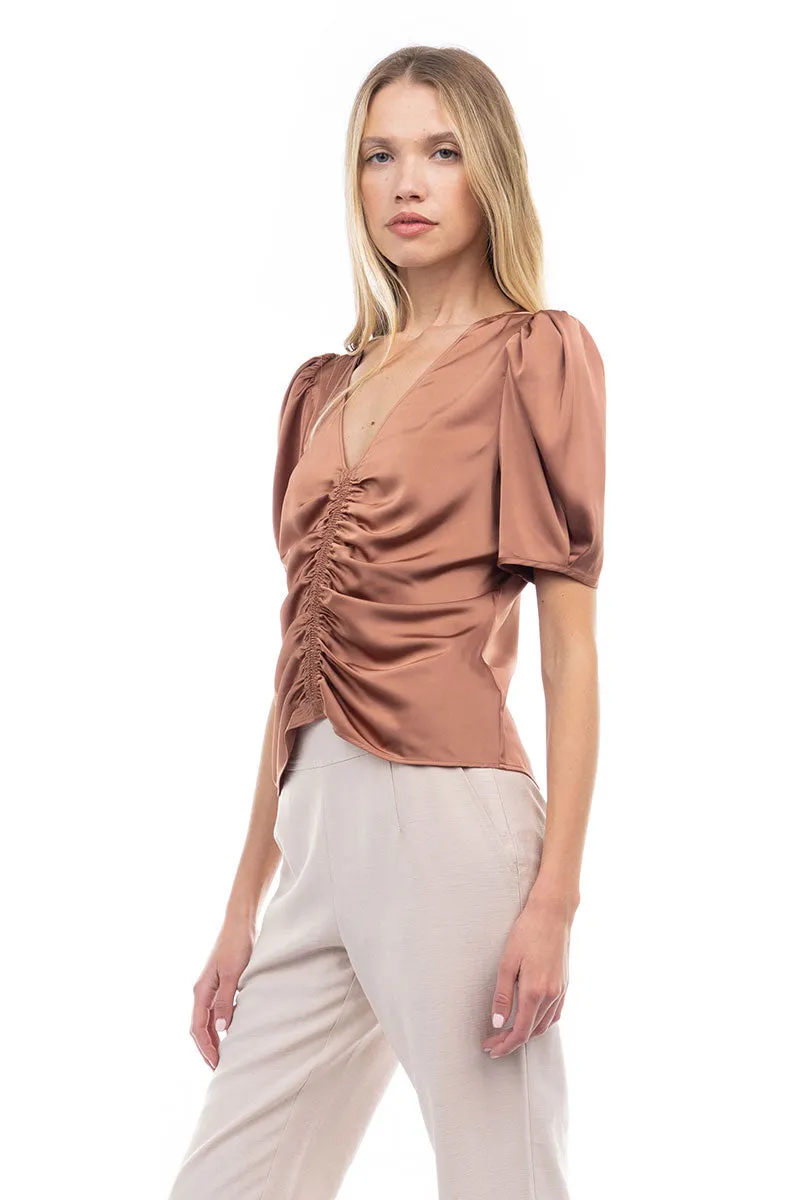 V Neck Puff Sleeve Blouse With Front Shirring Detail