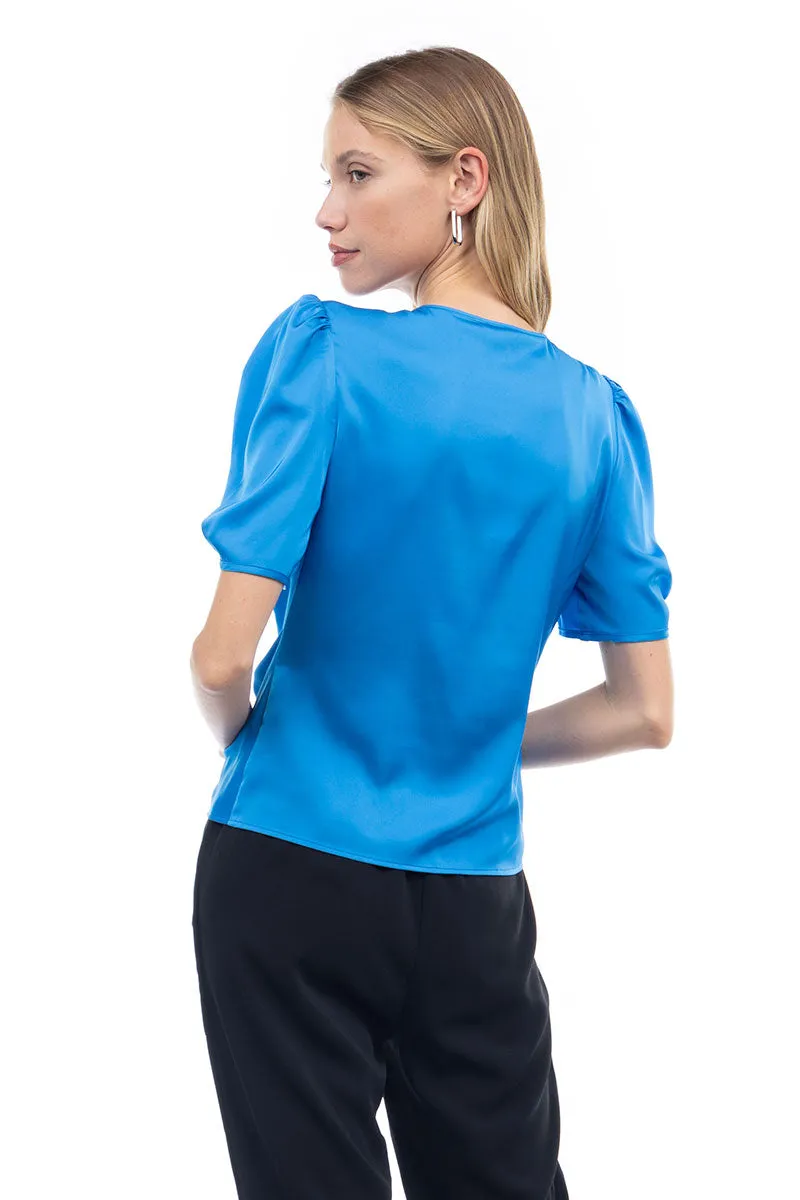 V Neck Puff Sleeve Blouse With Front Shirring Detail