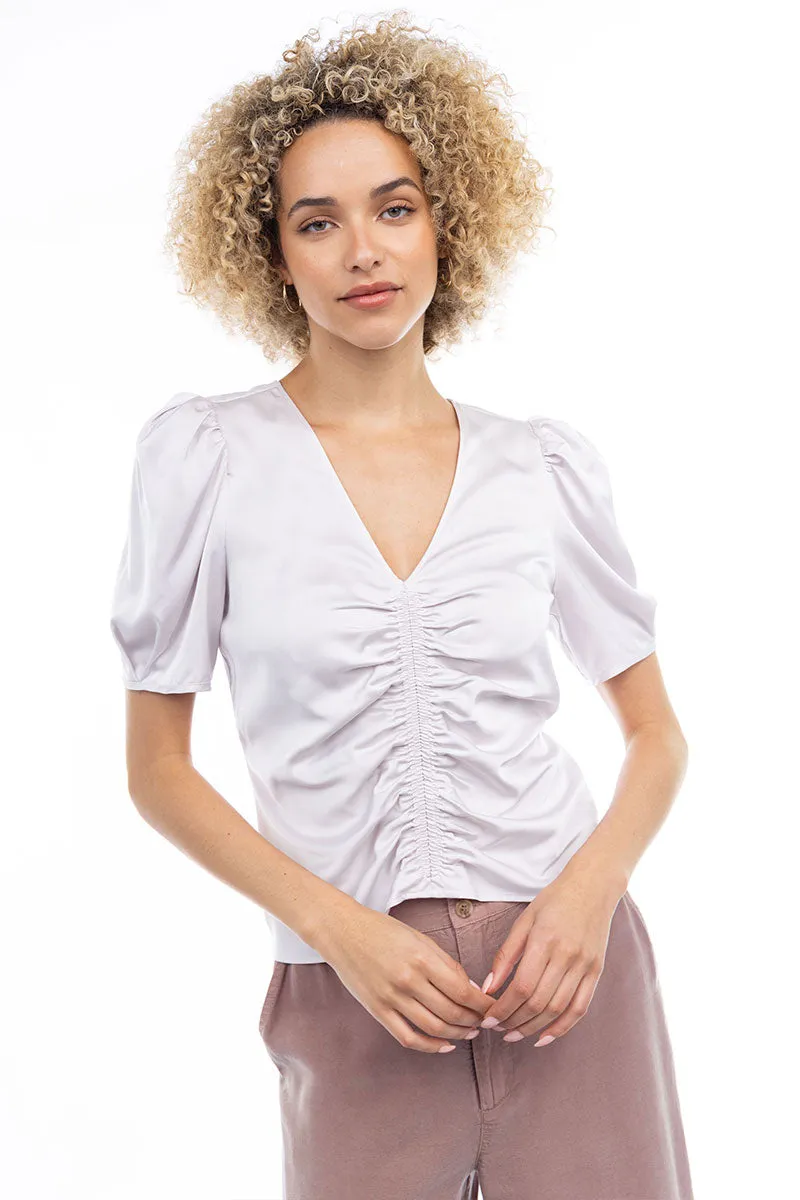 V Neck Puff Sleeve Blouse With Front Shirring Detail