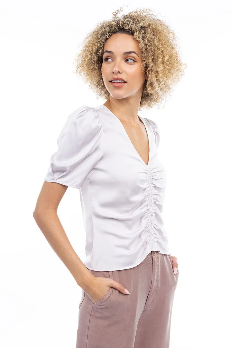 V Neck Puff Sleeve Blouse With Front Shirring Detail