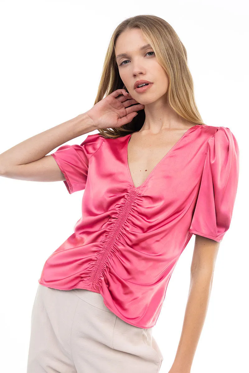 V Neck Puff Sleeve Blouse With Front Shirring Detail