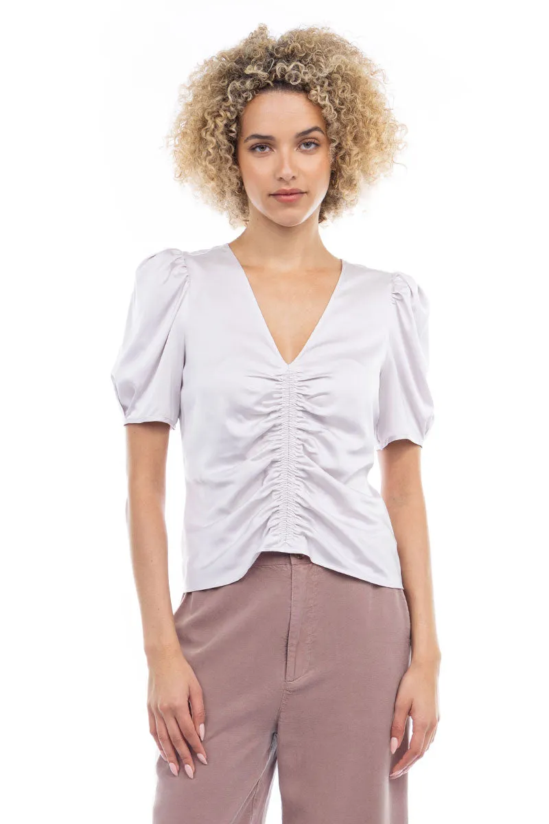 V Neck Puff Sleeve Blouse With Front Shirring Detail