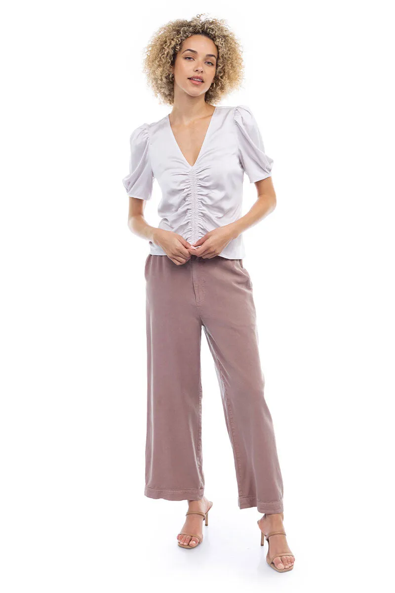 V Neck Puff Sleeve Blouse With Front Shirring Detail
