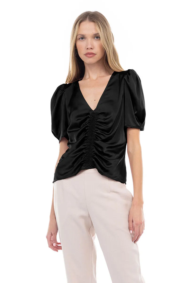 V Neck Puff Sleeve Blouse With Front Shirring Detail