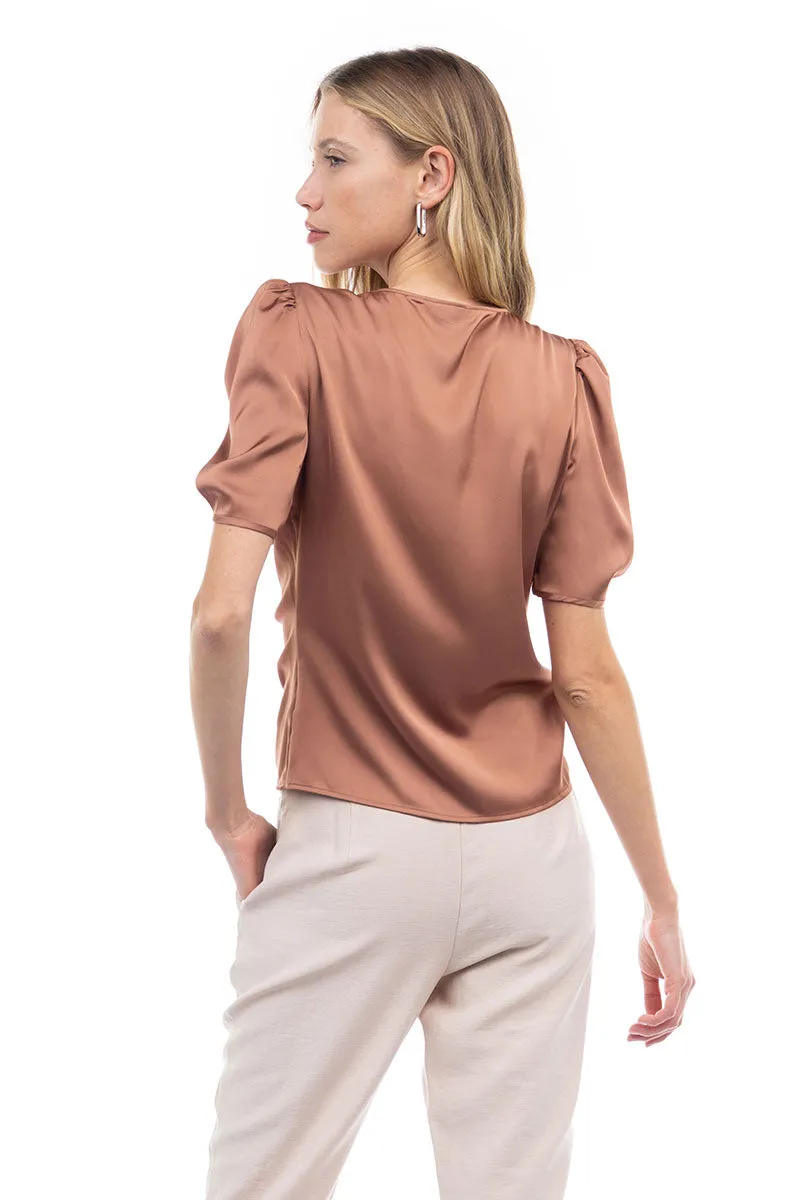 V Neck Puff Sleeve Blouse With Front Shirring Detail