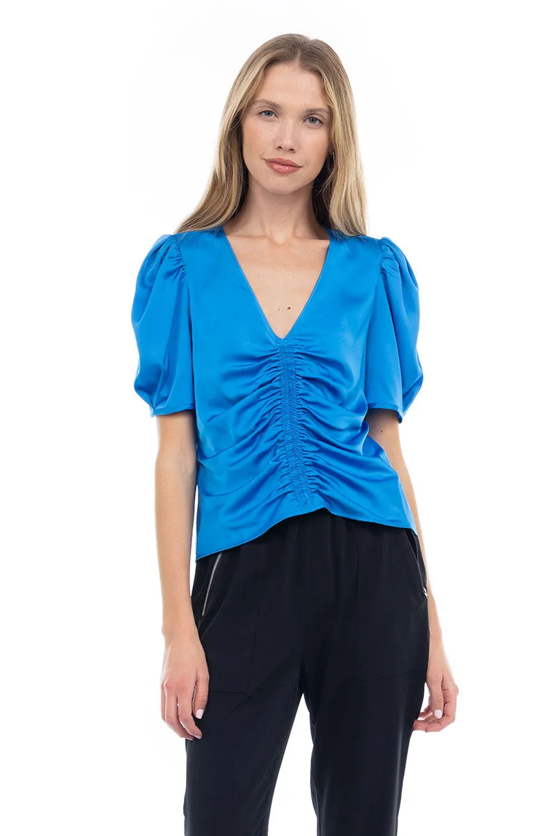 V Neck Puff Sleeve Blouse With Front Shirring Detail