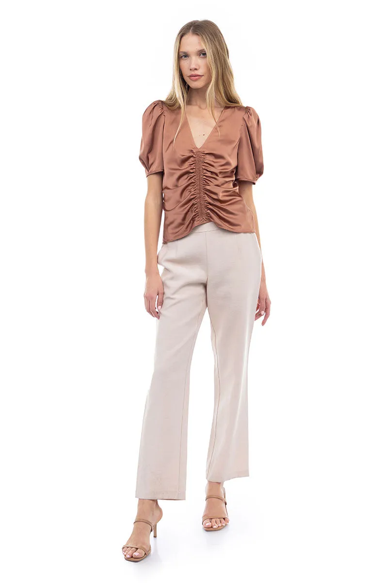 V Neck Puff Sleeve Blouse With Front Shirring Detail
