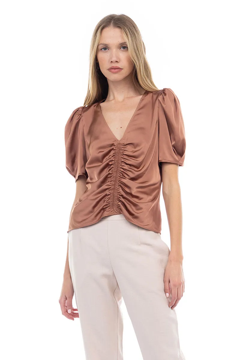 V Neck Puff Sleeve Blouse With Front Shirring Detail