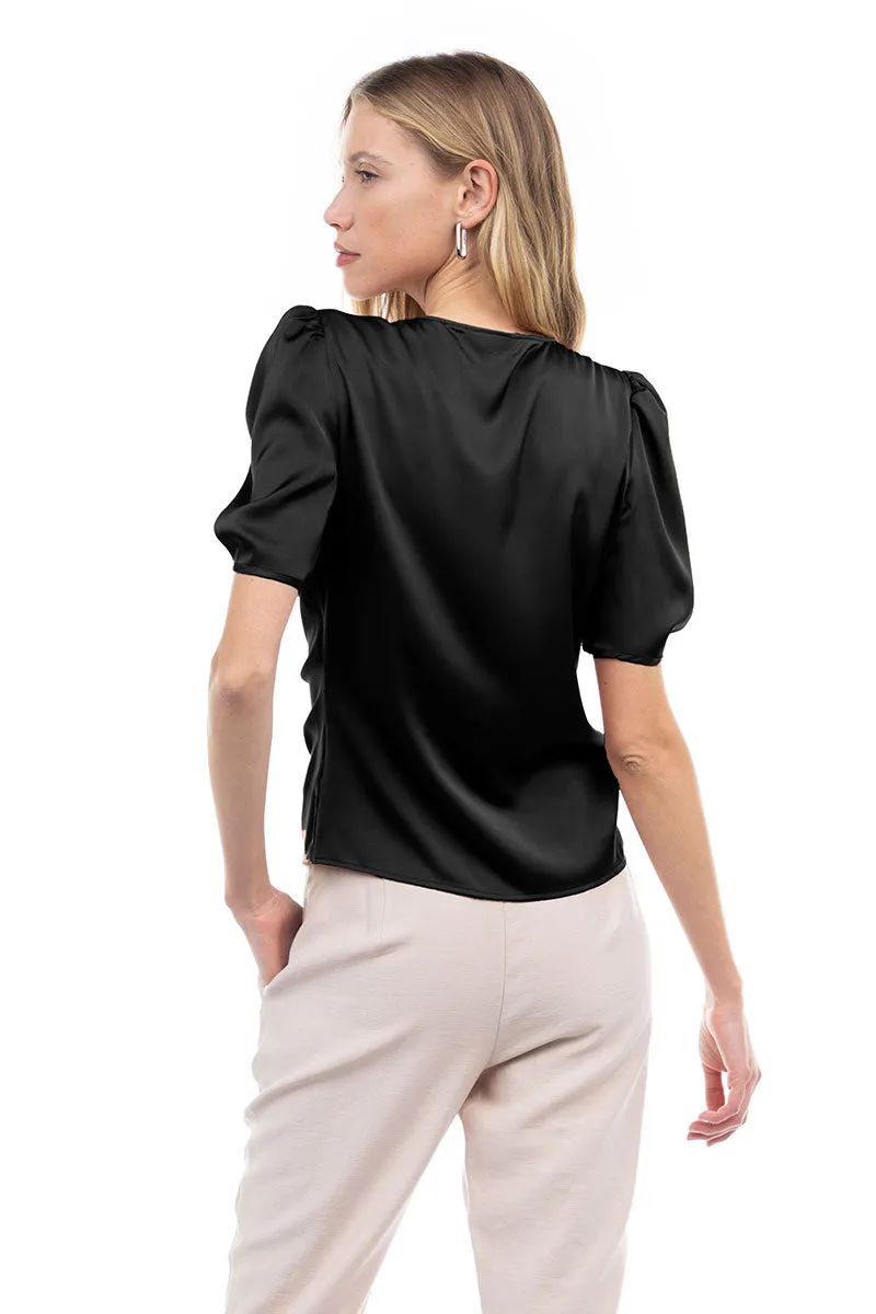 V Neck Puff Sleeve Blouse With Front Shirring Detail