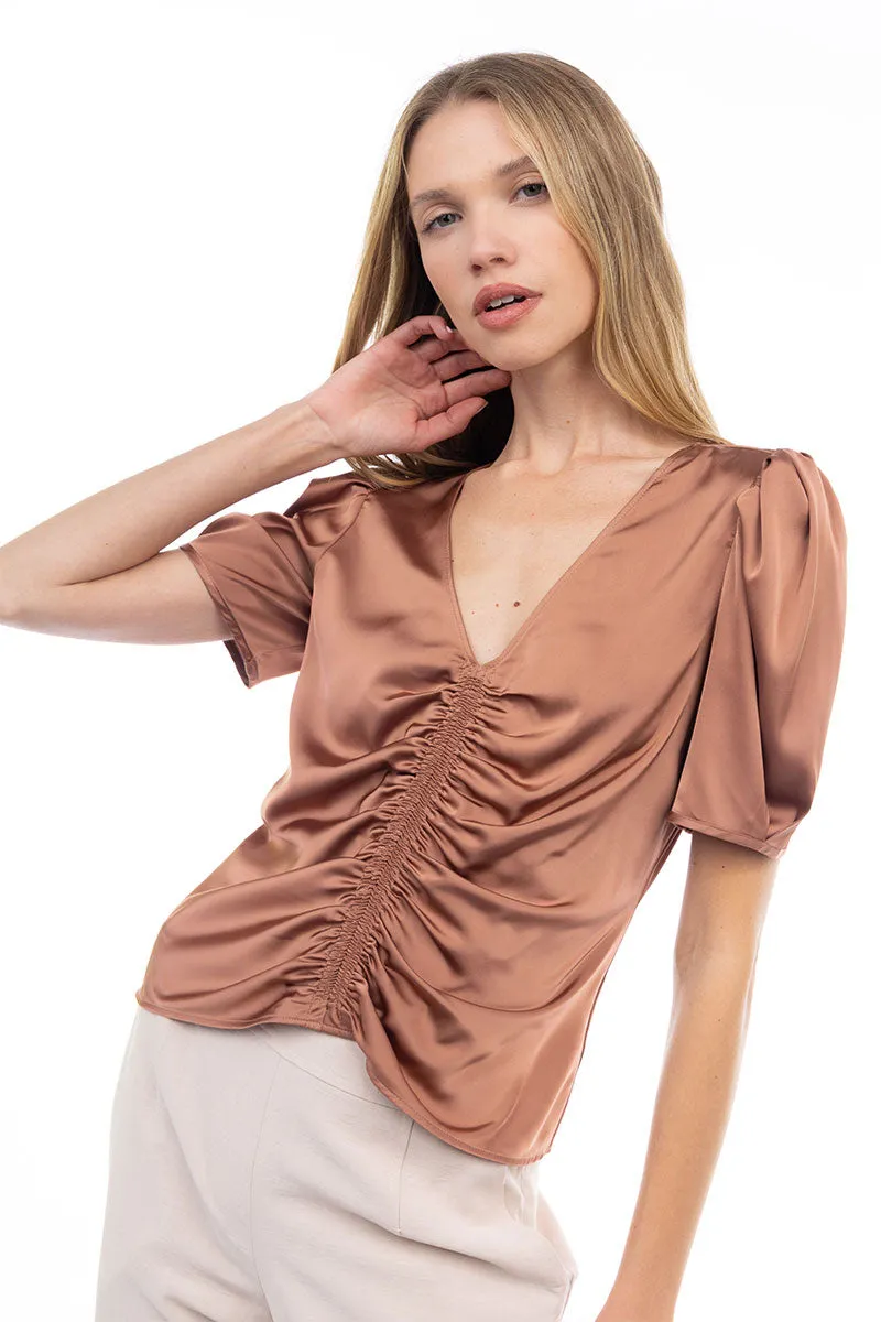 V Neck Puff Sleeve Blouse With Front Shirring Detail