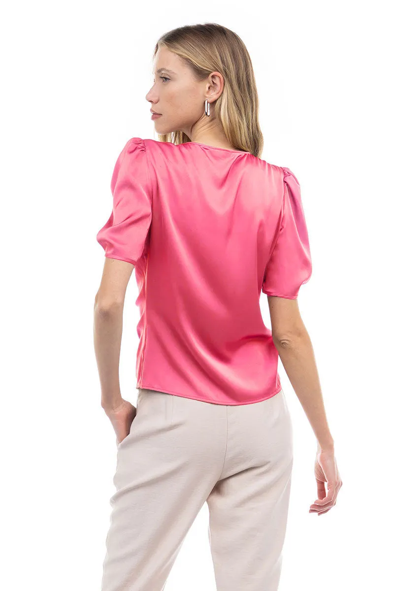 V Neck Puff Sleeve Blouse With Front Shirring Detail