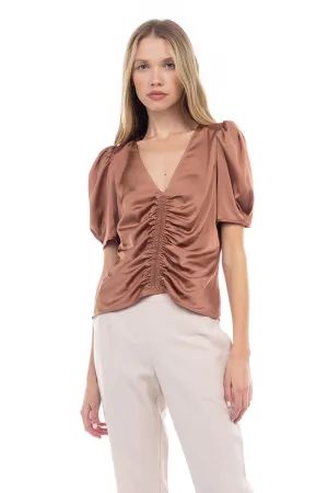 V Neck Puff Sleeve Blouse With Front Shirring Detail
