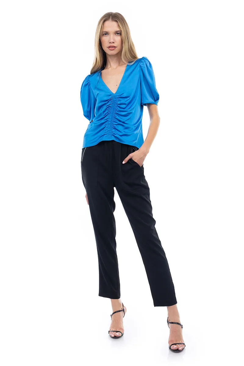 V Neck Puff Sleeve Blouse With Front Shirring Detail