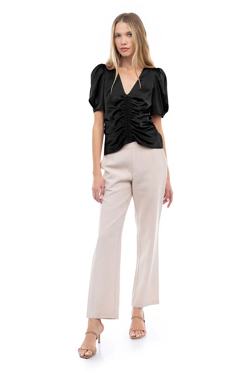 V Neck Puff Sleeve Blouse With Front Shirring Detail