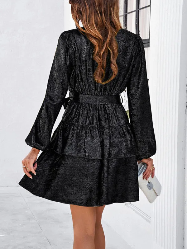 V-neck Wrap Dress with Tiered Skirt and Glossy Fabric