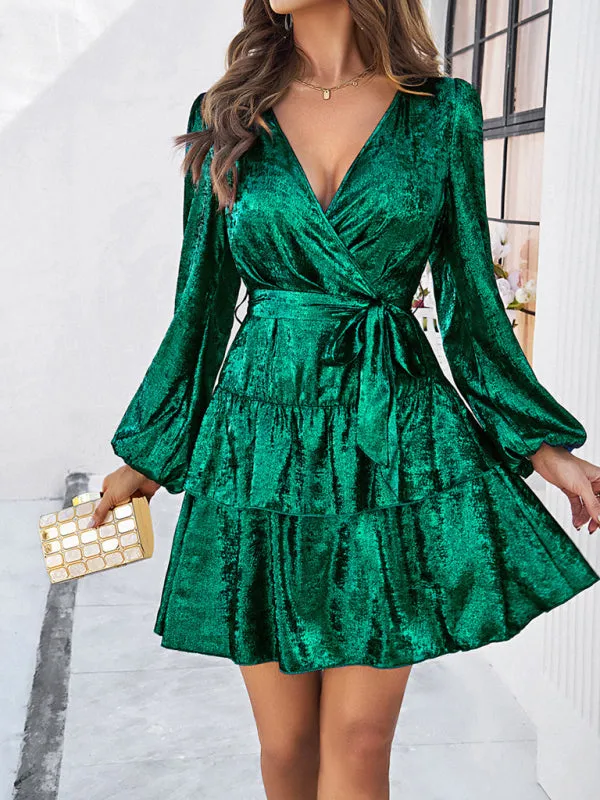 V-neck Wrap Dress with Tiered Skirt and Glossy Fabric