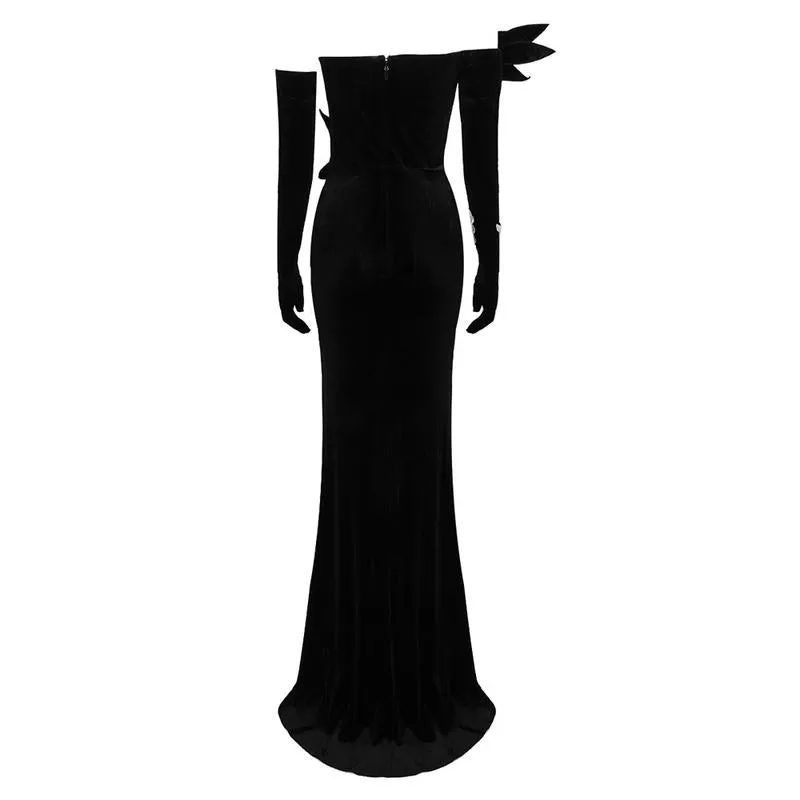 Velvet  long sleeve  high slit maxi dress