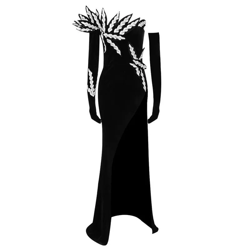 Velvet  long sleeve  high slit maxi dress