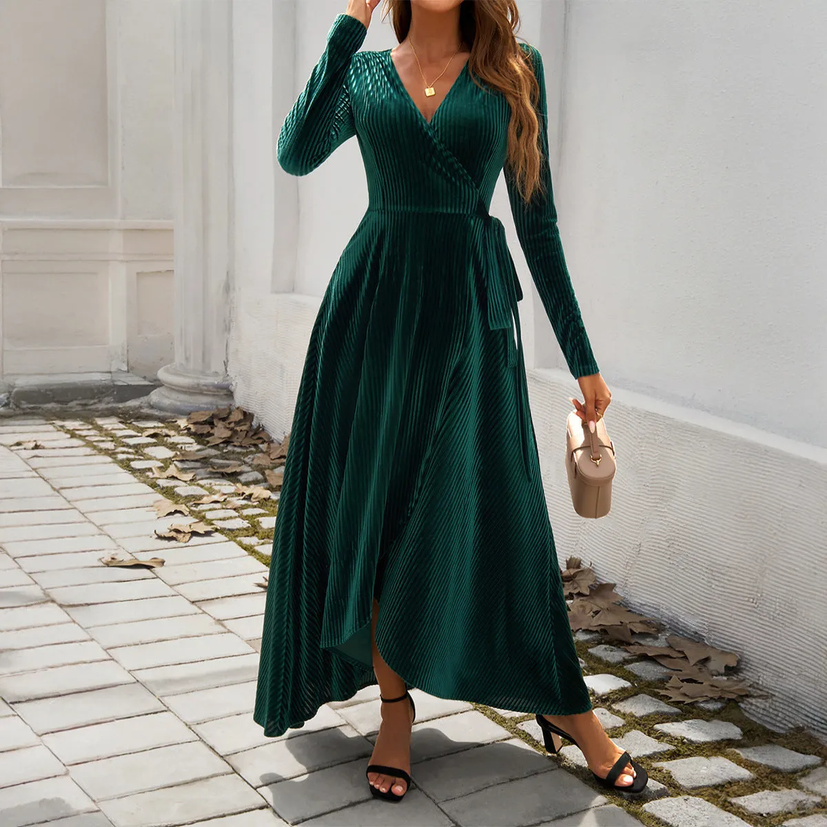 Velvet V-Neck High Waist Split Dresses Wholesale Womens Clothing N3824071500015