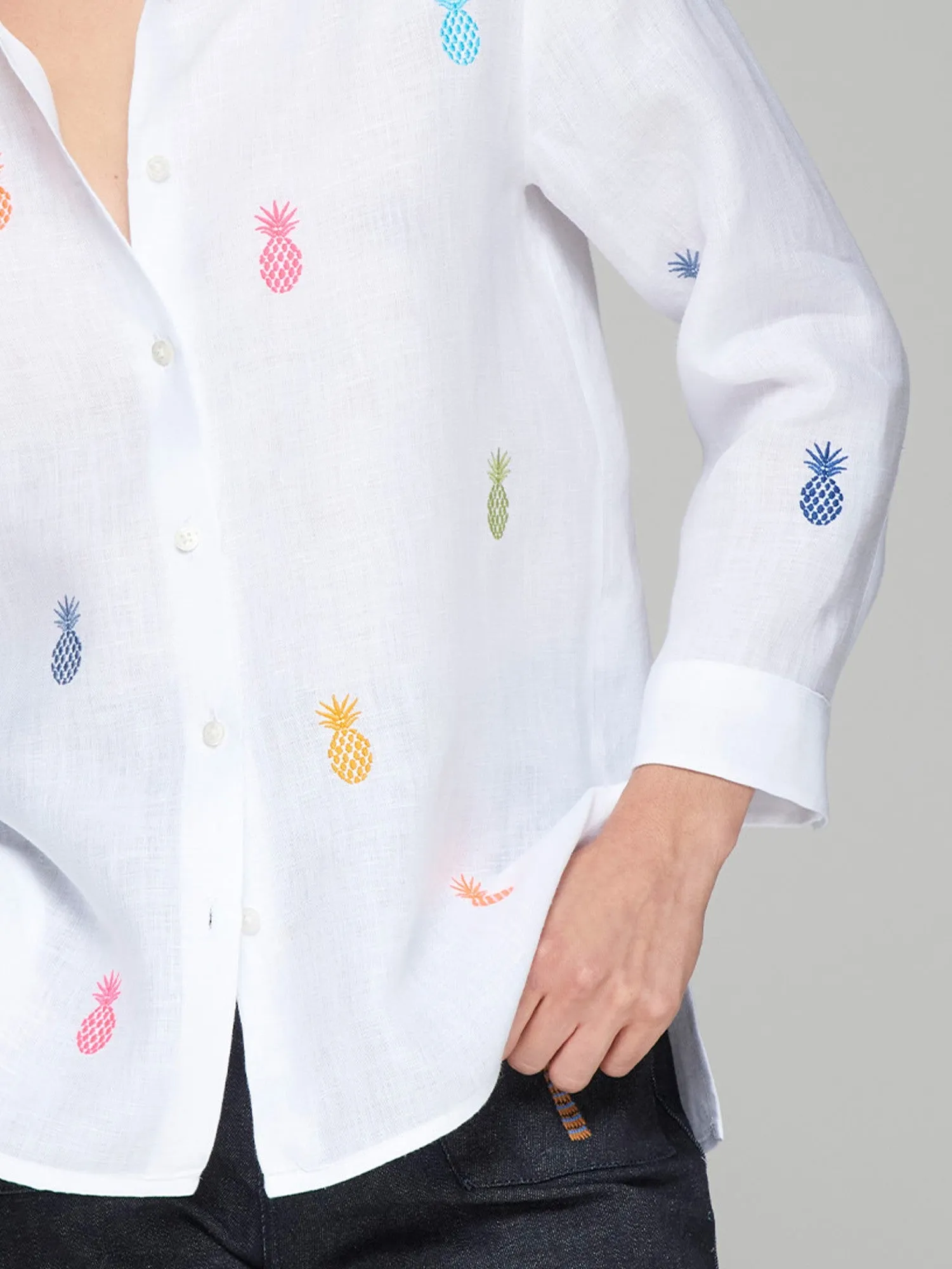 Vilagallo Poline White Linen Pineapple Print Shirt