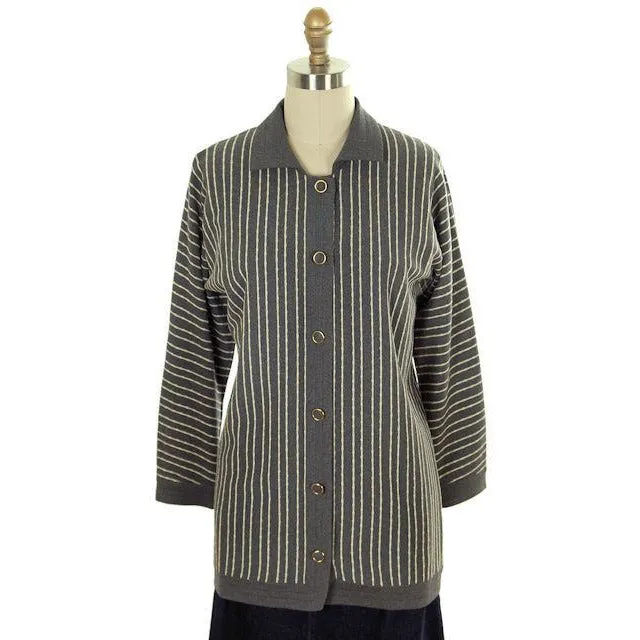 Vintage Cardigan Sweater Gray & Ivory Stripes Wool 1960s Tunic Style  Italy