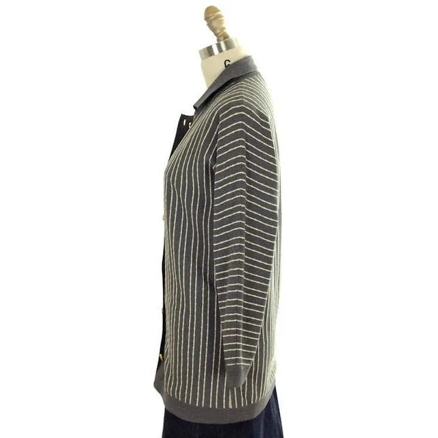 Vintage Cardigan Sweater Gray & Ivory Stripes Wool 1960s Tunic Style  Italy