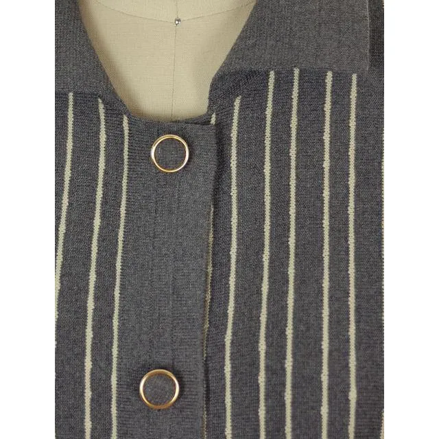Vintage Cardigan Sweater Gray & Ivory Stripes Wool 1960s Tunic Style  Italy