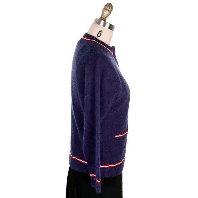 Vintage Navy Cardigan Sweater Blue  Red & White Trim 1960s M-L