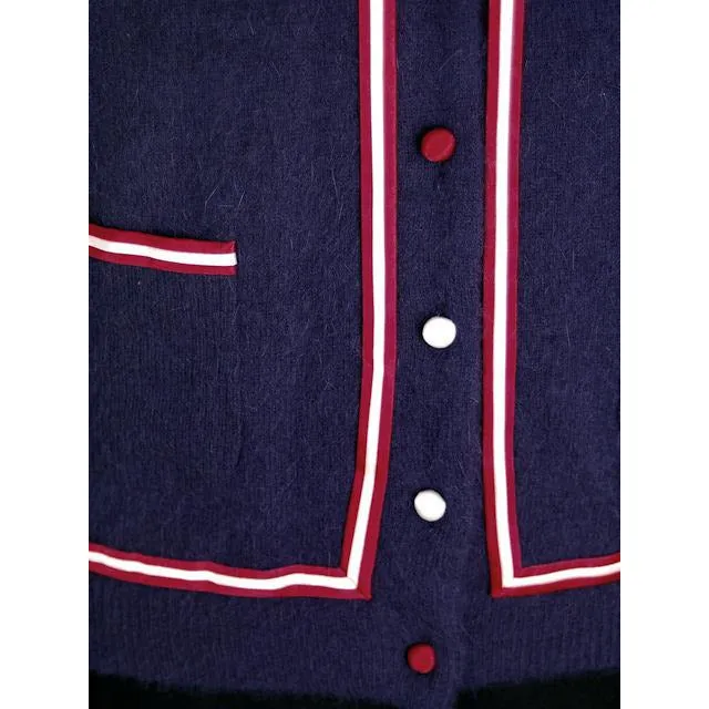 Vintage Navy Cardigan Sweater Blue  Red & White Trim 1960s M-L