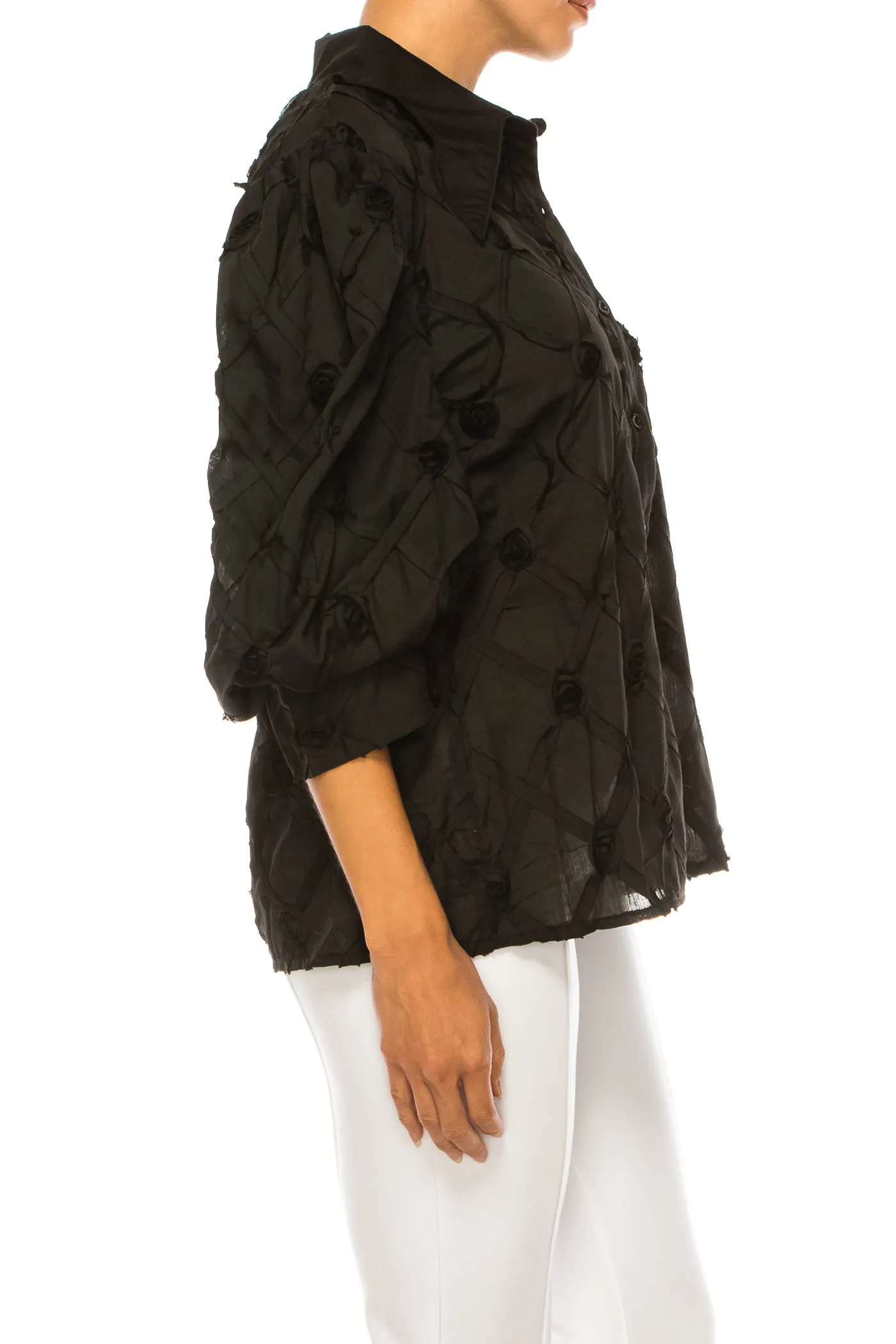 Vivid Puff Sleeve Ribbon Applique Button Down Top