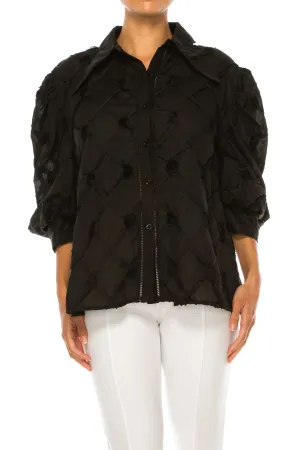 Vivid Puff Sleeve Ribbon Applique Button Down Top