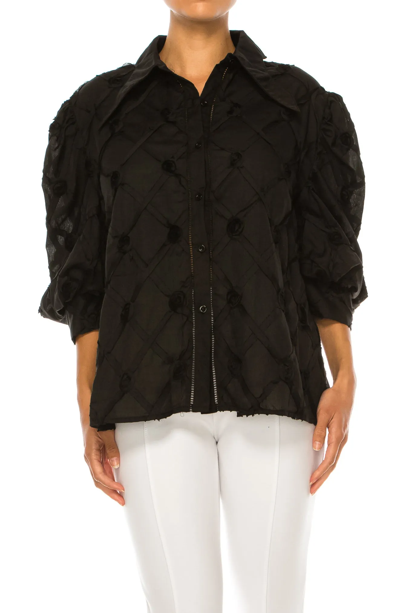 Vivid Puff Sleeve Ribbon Applique Button Down Top